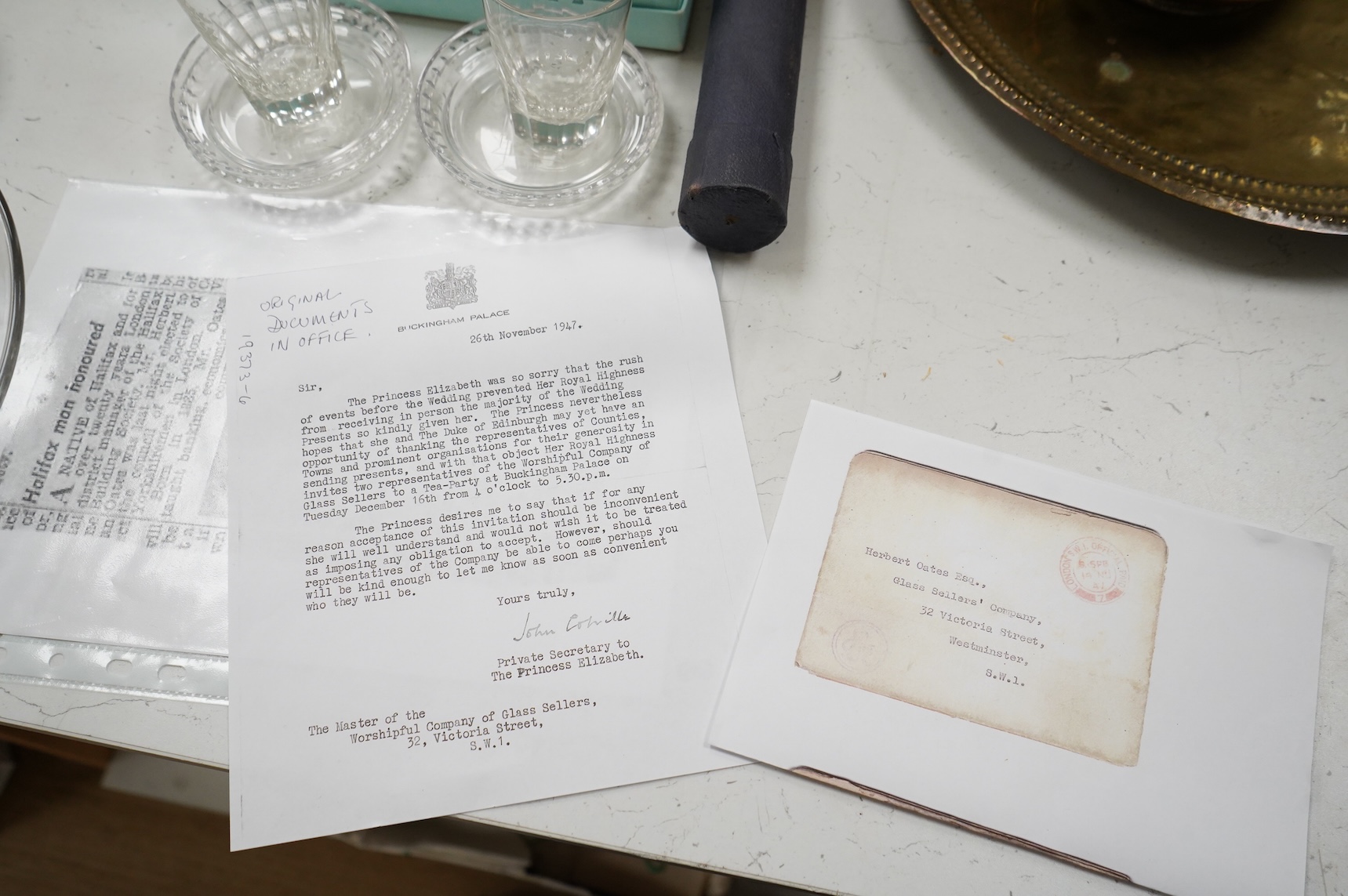 A collection of glass from the company of glass sellers. Including a replica of a gift given to Elizabeth II as a wedding gift, with a letter from the palace.